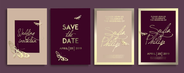 Wedding invitation cards with marble texture background and gold geometric line design vector. Wedding invitation frame set