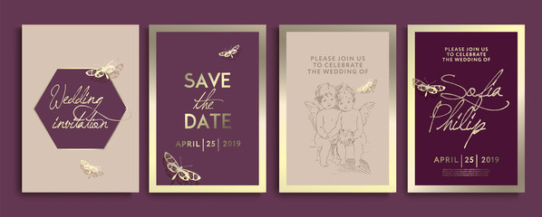 Wedding invitation with flowers, angels and  butterflies on gold texture. luxury wedding card on gold backgrounds, artistic covers design, colorful texture. Luxury Vector illustration
