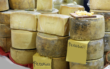 italian cheeses for sale and the text Pecorino - obrazy, fototapety, plakaty