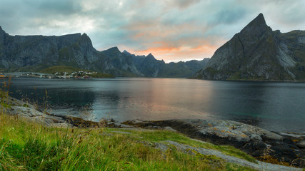 Reine, Lofoten islands, Norway. Beautiful sunset view of the most popular peak of Reinebringen .
