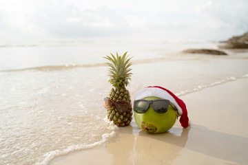 Coconut Holiday  with glasses and Santa Claus hat and pineapple,Concept Christmas on the beach Tropical design made in Phuket, Thailand.