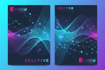 Fototapeta premium Modern vector template for brochure, leaflet, flyer, cover, banner, catalog, magazine, or annual report in A4 size. DNA helix, DNA strand, molecule or atom, neurons. Wave flow. Lines plexus
