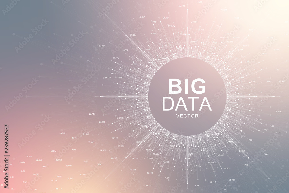 Poster Big data visualization. Graphic abstract background Artificial Intelligence. Social network connection concept. Perspective backdrop of depth. Virtual minimal array with compound. Vector illustration.