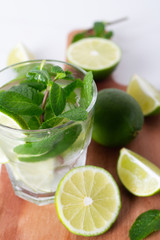 Mojito with lime and mint close up.