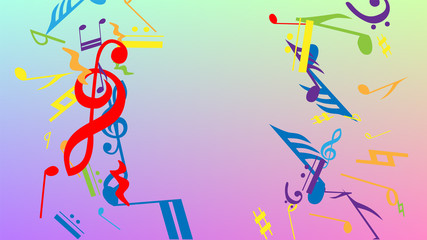 Disco Background. Many Random Falling Notes, Bass and, Treble Clef. Colorful Musical Notes Symbol Falling on Hologram Background. Disco Vector Template with Musical Symbols.