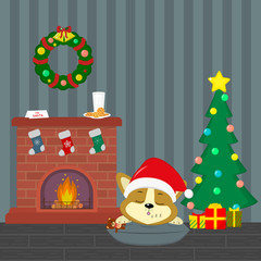 New Year and Christmas card. A cute corgi puppy in a Santa hat is sleeping near the fireplace. Christmas tree with gifts, wreath, milk and cookies in the room at night. Cartoon, vector