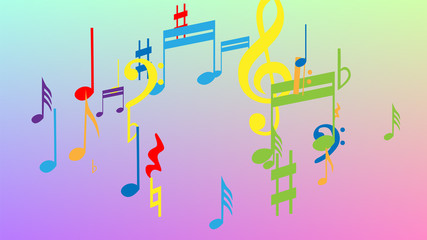 Disco Background. Colorful Musical Notes Symbol Falling on Hologram Background. Many Random Falling Notes, Bass and, G Clef. Disco Vector Template with Musical Symbols.