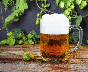 Glass mug of cold fresh golden beer on wooden table