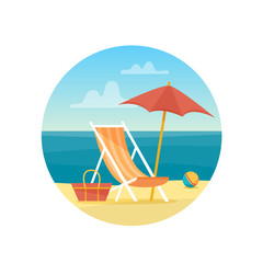 Fototapeta na wymiar Chaise-longue on the beach under a umbrella. Lounge with sea on tropical background. Flat style vector illustration.