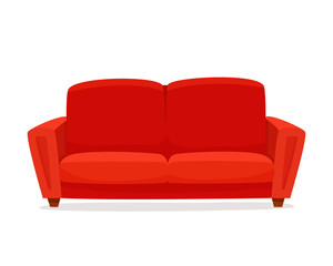 Comfortable sofa on white background. Isolated red couch lounge in interior. Flat cartoon style vector illustration. - obrazy, fototapety, plakaty