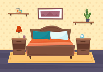 Bedroom with furniture. Flat style vector illustration.