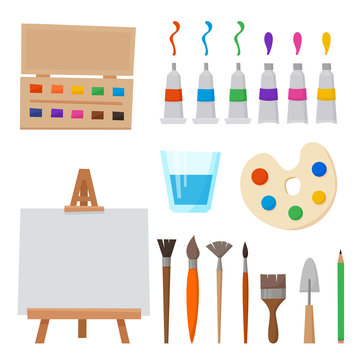 Art tools and materials for painting and creature for artist. Paint tubes, palette, canvas and brush. Flat cartoon style vector illustration.