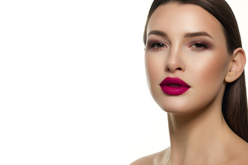 Close-up portrait of sexy european young woman model with classic glamour make-up and pink...