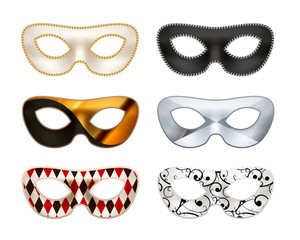 Set of bright colorful masquerade masks on white