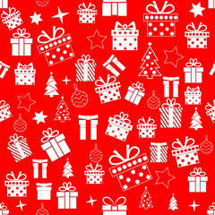 Repeating Christmas Pattern with White Decorative Elements on Red Background. Vector Illustration
