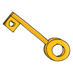 Key to open the heart. Vector illustration of a golden key. Hand drawn key.