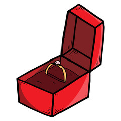 Box with an engagement ring. Vector illustration red box with ring. Hand drawn ring with a diamond in a velvet box.