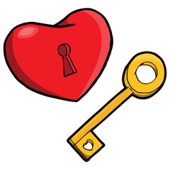 Red heart with a key. Romantic concept of the heart and the key to it. Hand drawn Valentine's day greeting card.