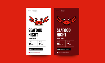 Seafood Night Book Table with Cute Crab Cartoon App UX and UI For Phone Screen