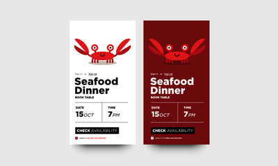 Seafood Dinner Book Table with Cute Crab Cartoon App UX and UI For Phone Screen