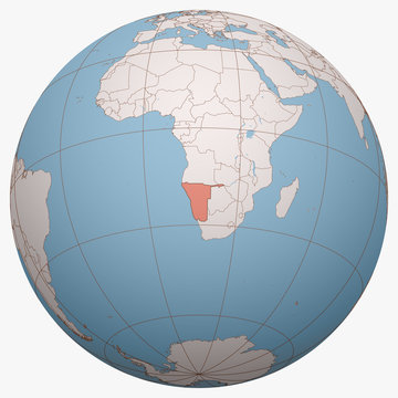recommend clip art: Namibia on the globe. Earth hemisphere centered at the location of the Republic of Namibia. Namibia map.
