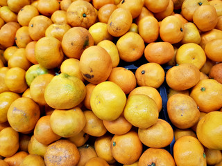 Orange fresh citrus fruits lie in the shop window