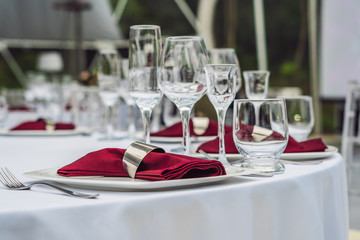 Wedding table decoration, catering service Table set for an event party or wedding reception