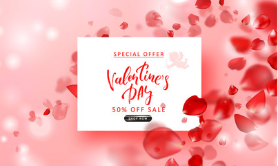 Fototapeta na wymiar Valentine's Day sale background. Top view on composition with flying rose petals. Vector illustration for website , posters, email and newsletter designs, ads, coupons, promotional material.