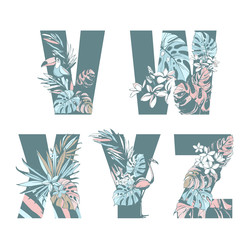Decorative set tropical pattern letters alphabet font hand drawn floral ornament.