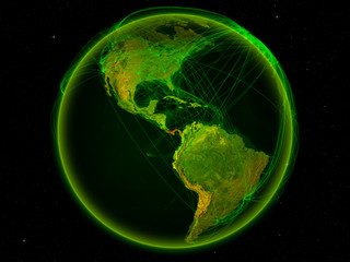 Panama from space on planet Earth with digital network representing international communication, technology and travel.