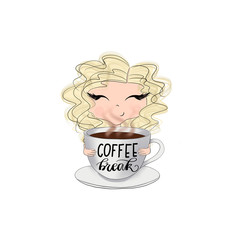 Blonde Hair Girl With A Cup Of Coffee And An Inscription Coffee Break