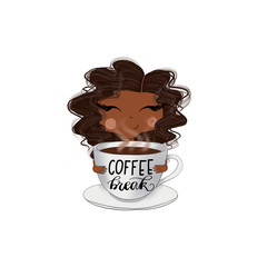 African American Girl With A Cup Of Coffee And An Inscription Coffee Break Isolated On A White Background Clean Bedding Hand Drawn Illustration