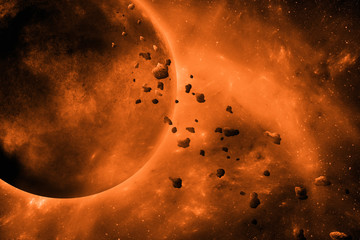 dramatic space scene with planet and asteroid belt © andreiuc88