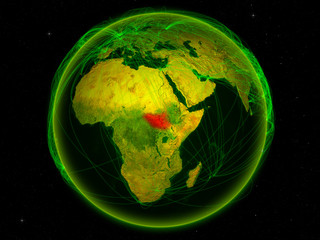South Sudan from space on planet Earth with digital network representing international communication, technology and travel.