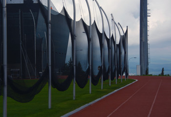 net fence on the field of football handball so that the ball does not fly away