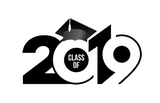 Class of 2019 with graduation cap. Text design pattern. Vector illustration. Isolated on white background.