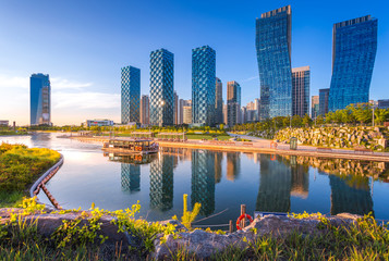 Seoul city with Beautiful sunset, Central park in Songdo International Business District, Incheon...