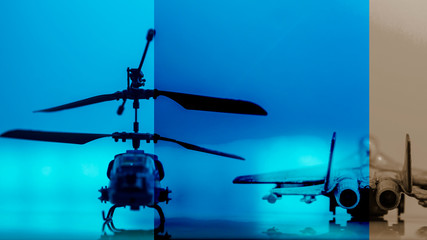 Government Military Technology Blurry Abstract Background, Helicopter and Drone , Concepts Of Modern Military Operation or Military Grade Product.