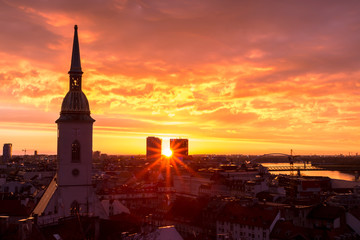 Naklejka premium Bratislava, Slovakia - March 19, 2017: Panoramic city view of Slovak capital at dawn