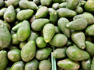 Green fresh avocados lie in the shop window