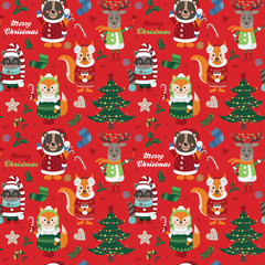 Seamless pattern with forest animals and Christmas items on black background
