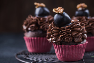 Homemade chocolate cupcakes on baking tray