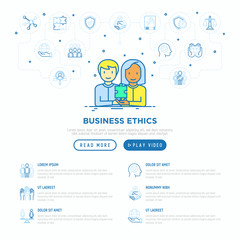 Business ethics concept: people of different nationalities working together. Thin line icons: commitment, no to racism, recruitment service, gender employment. Vector illustration, web page template.