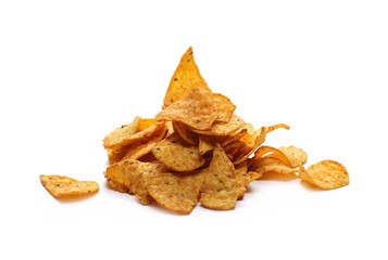 Chili flavored tortilla chips isolated on white background