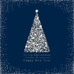 Merry Xmas & and A Happy New Year congrats. Dark blue square congratulation logotype metallic glowing dust template design, abstract isolated 3d graphic shiny snowy frame. Calender noise art elements.