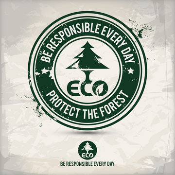 alternative eco friendly forest stamp containing: two environmentally sound eco motifs in circle frames, grunge ink rubber stamp effect, textured paper background, eps10 vector illustration