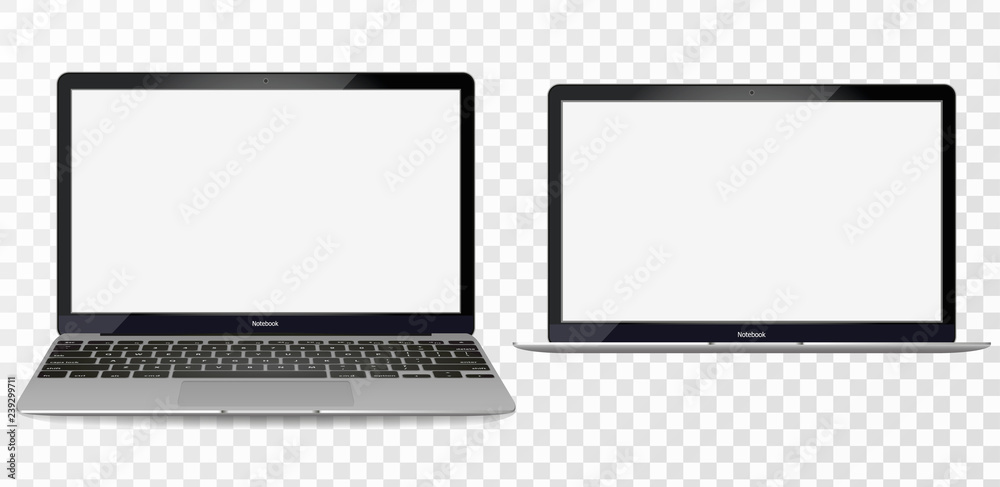 Poster laptop mockup with blank screen - front view.open laptop with blank screen isolated on transparent b