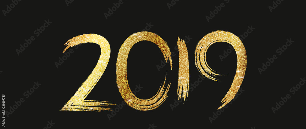 Poster 2019 new year. text golden with bright sparkles. 2019 happy new year gold text for greeting card, ve