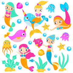 Cute mermaids. Cartoon mermaid, narwhals, fishes and other underwater characters. Stickers, clip art, isolated elements