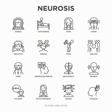 Neurosis Thin Line Icon Set: Panic Attack, Headache, Fatigue, Insomnia, Despair, Phobia, Mood Instability, Stuttering, Psychalgia, Dizziness. Modern Vector Illustration.